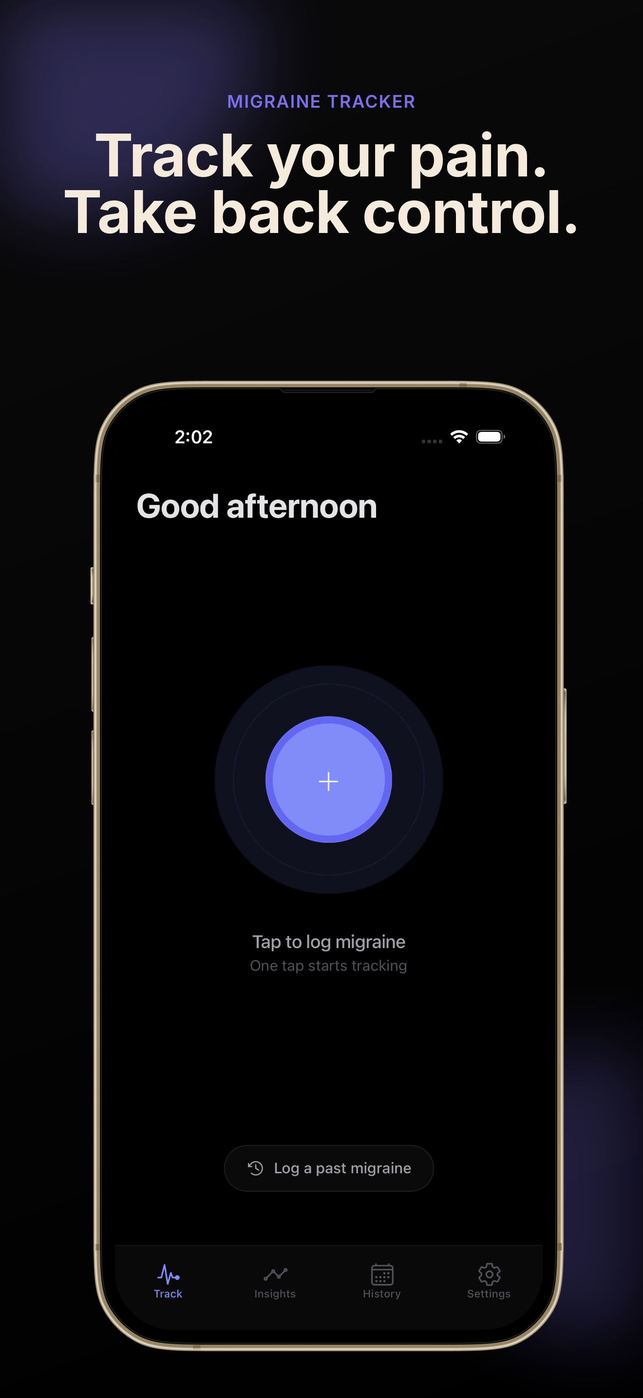 Cura migraine tracker home screen with one-tap start button on pure black OLED background