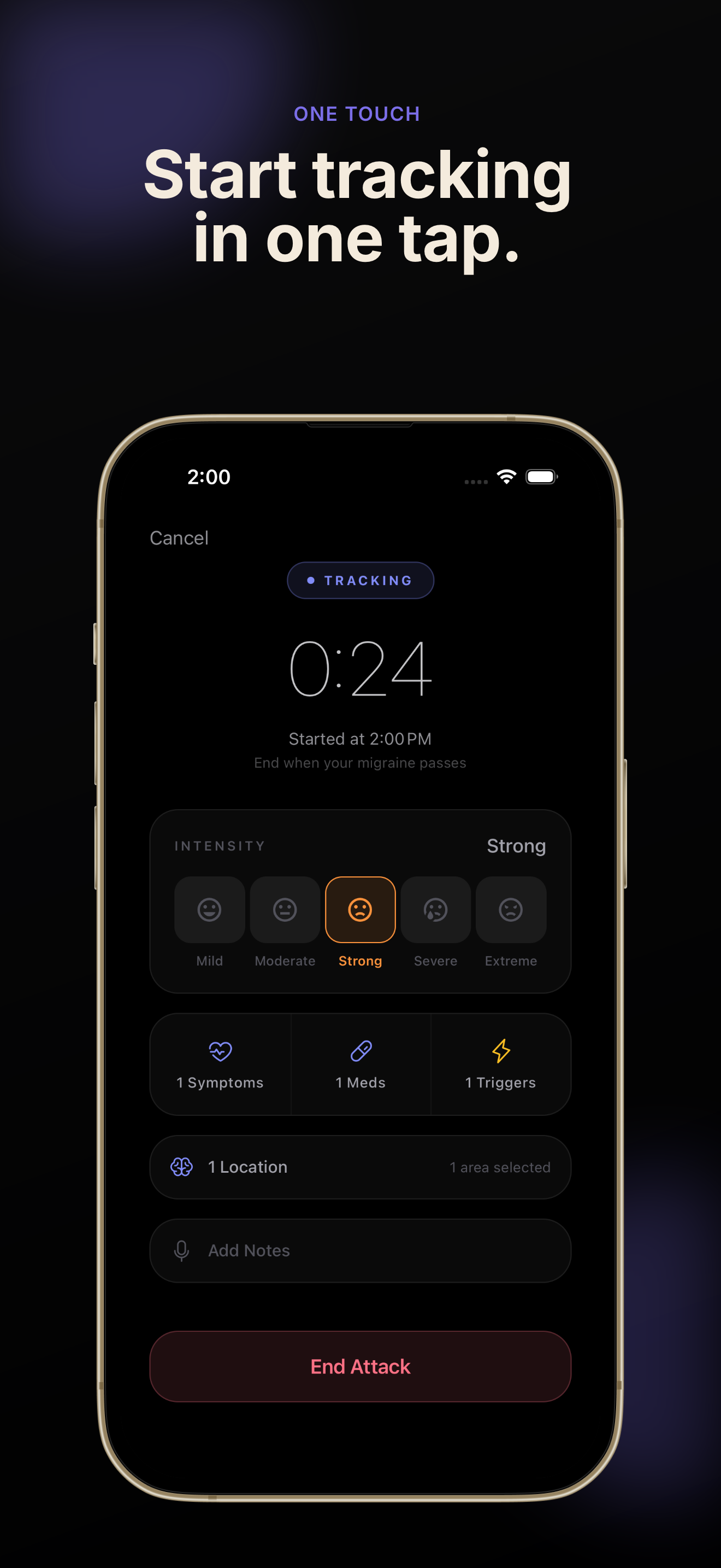 Active migraine tracking screen showing elapsed time and quick-access controls